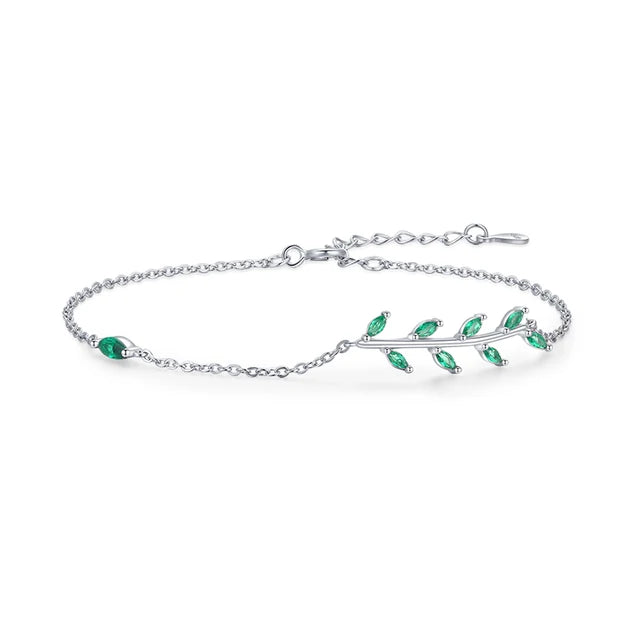 Pulseira Feminina Folhas Verdes em Prata 925