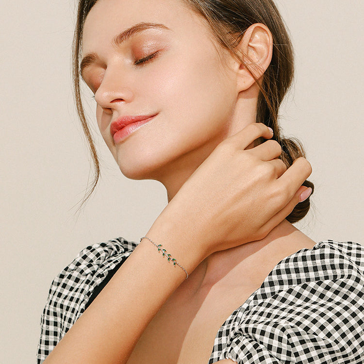 Pulseira Feminina Folhas Verdes em Prata 925